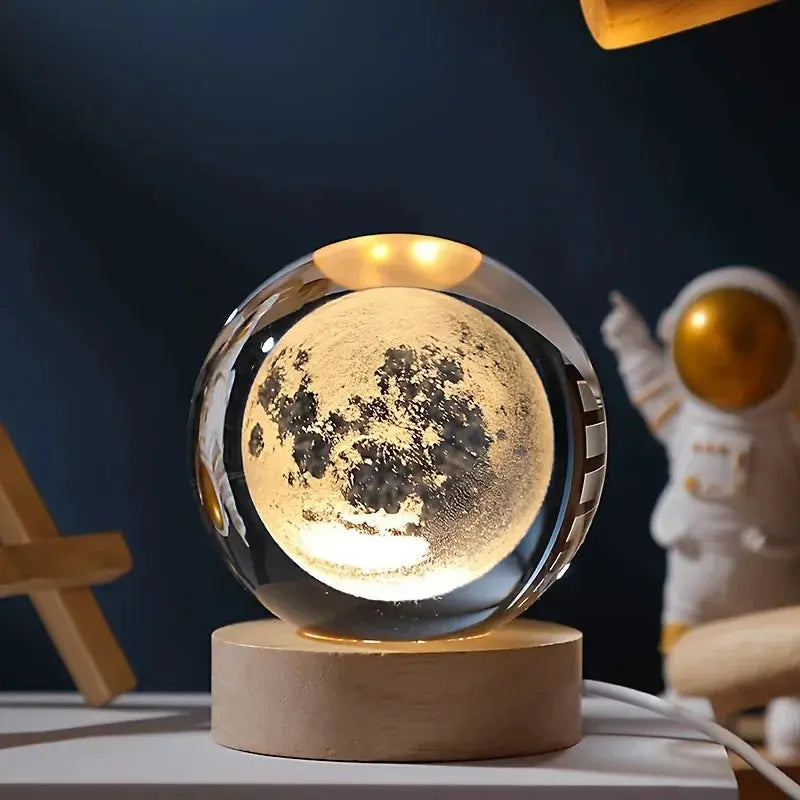 LED globe lamp with 3D laser-etched planets for night lighting