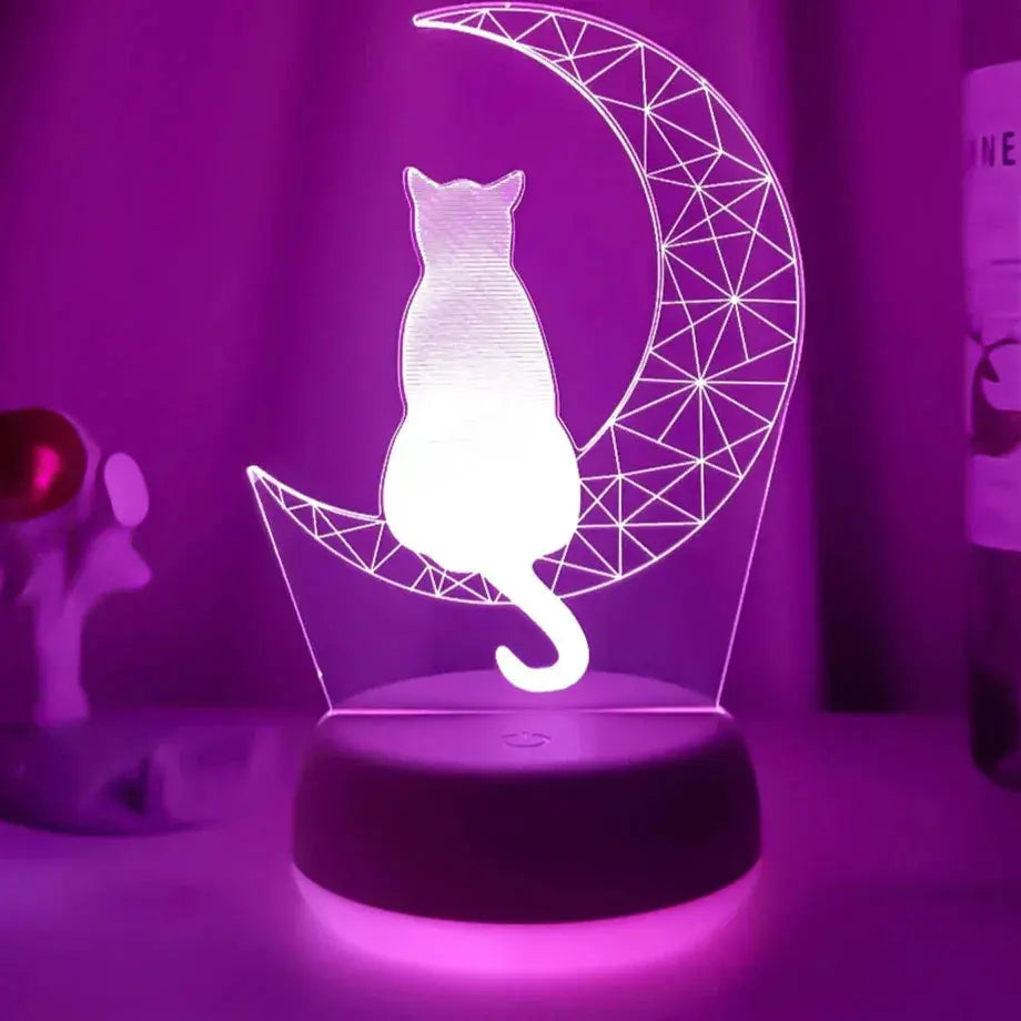 LED night light featuring a cat sitting on a geometric moon, glowing in purple

