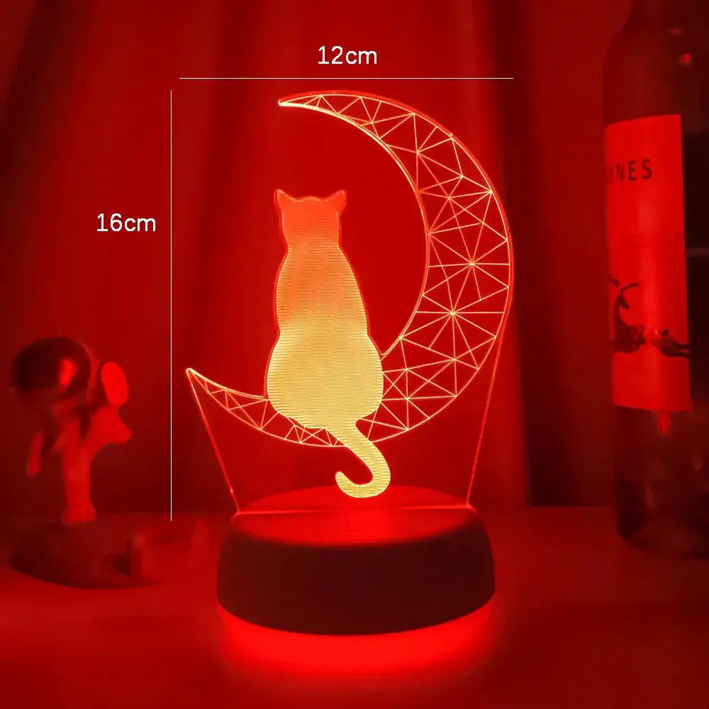 Purple glowing bedside lamp with geometric moon and cat design