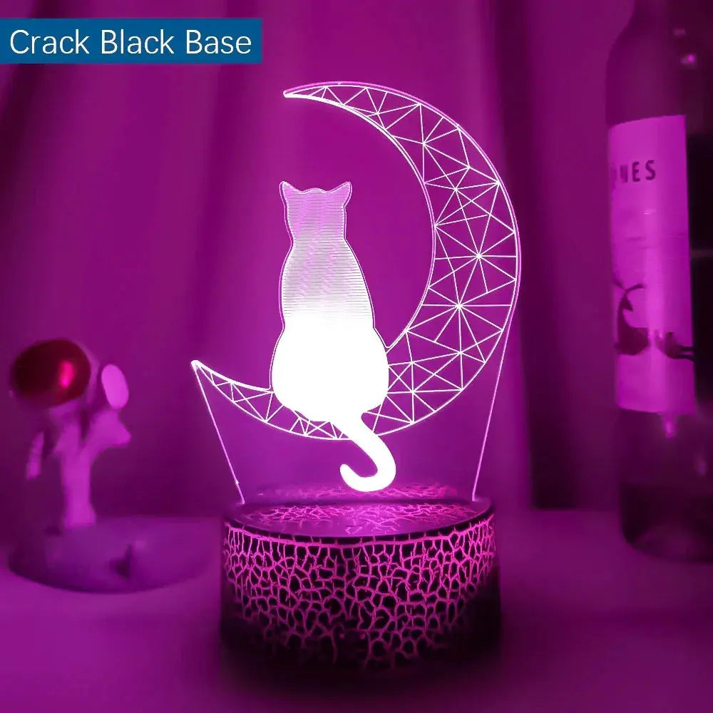 LED lamp with cat silhouette on a geometric moon, ideal for home or gifts