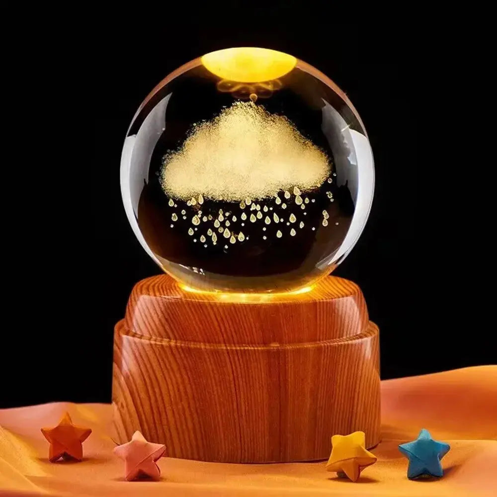 3D LED moon lamp inside a crystal orb, softly lit on a smooth wooden base — great for home decor