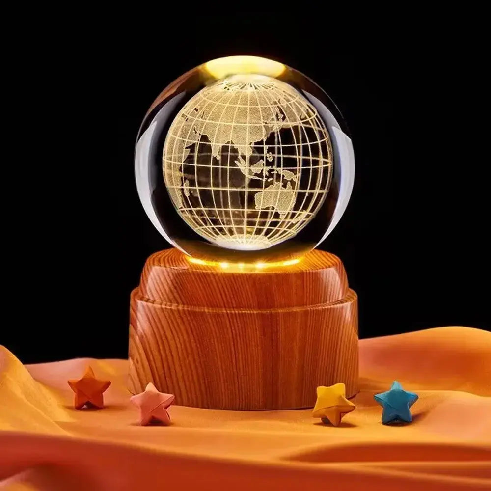  LED crystal globe featuring a realistic moon engraving on a polished wooden base — a unique decorative light.