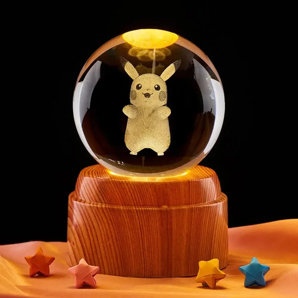  Lunar-themed night light with a detailed 3D moon carved into crystal, placed on a wooden base.
