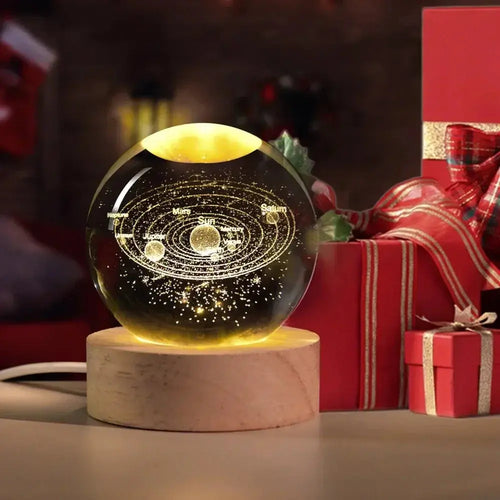 3D crystal lamp with glowing solar system design on wooden base, perfect for home decor and Christmas gift