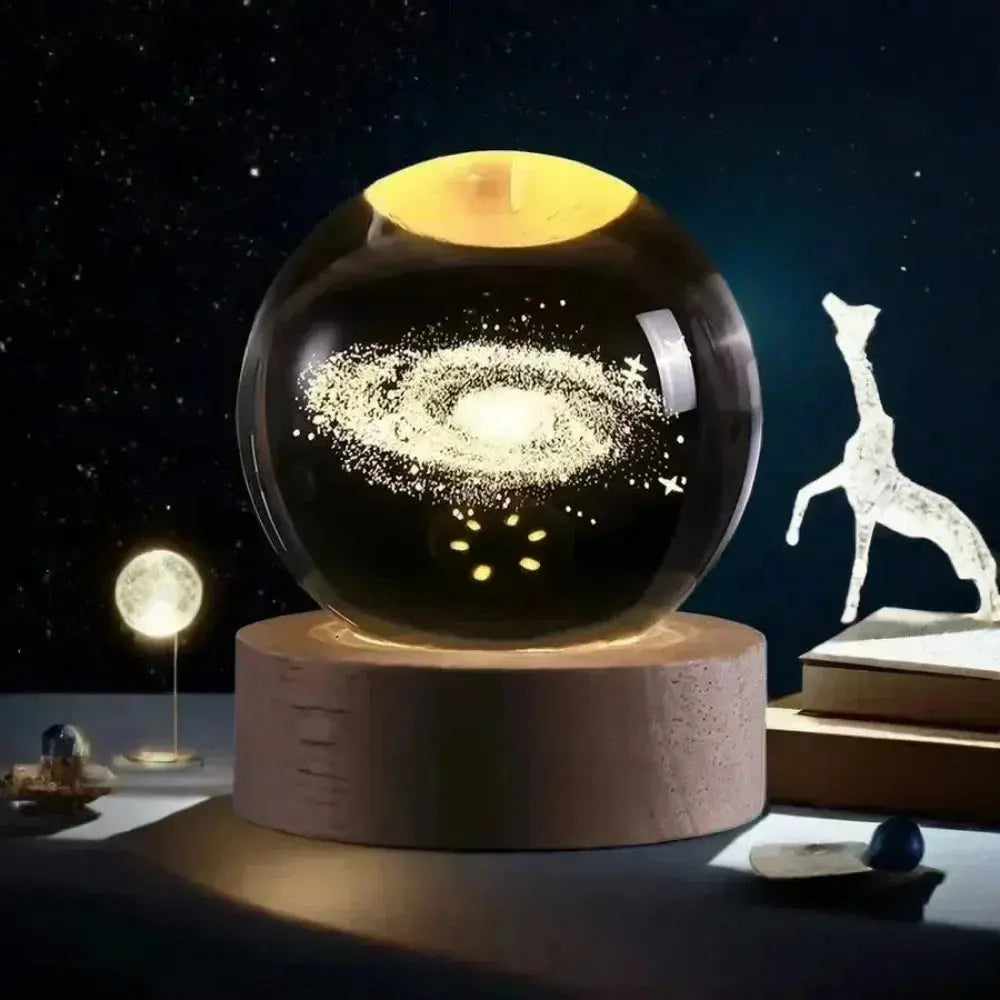 LED crystal ball lamp with 3D etched galaxy and planets, perfect for space-themed room decor or gift ideas