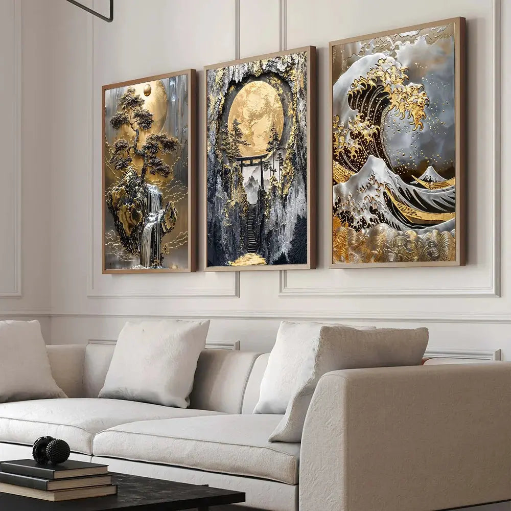 Modern Asian-inspired artwork featuring moon and tree