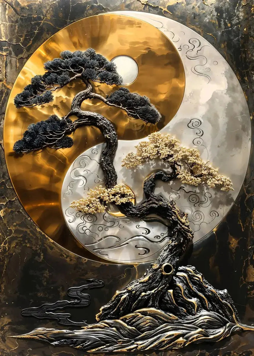 Zen-style abstract painting with tree silhouette in gold