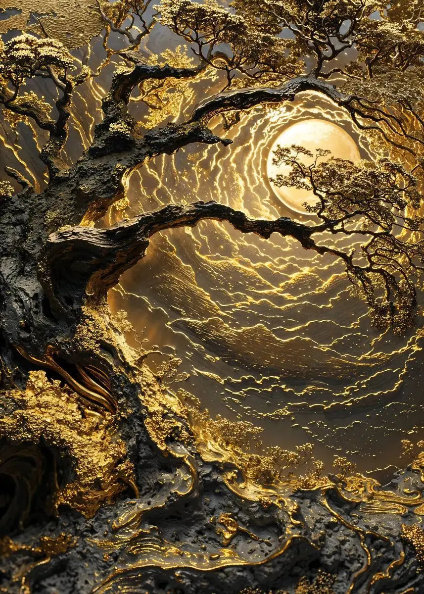 Oriental-inspired wall art with moon and tree silhouette