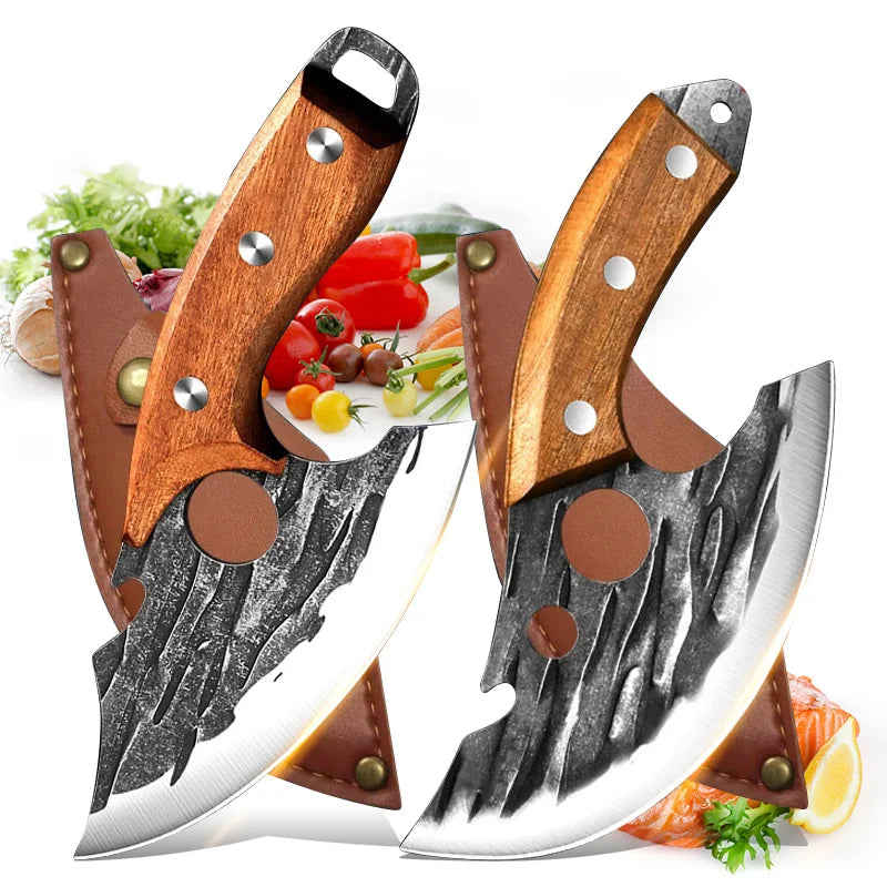 Curved butcher knife with wooden handle and leather sheath

