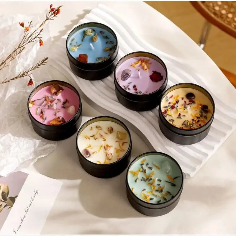 Luxury iron tin candle with soy wax, infused with crystals and dried flowers for a calming aroma.