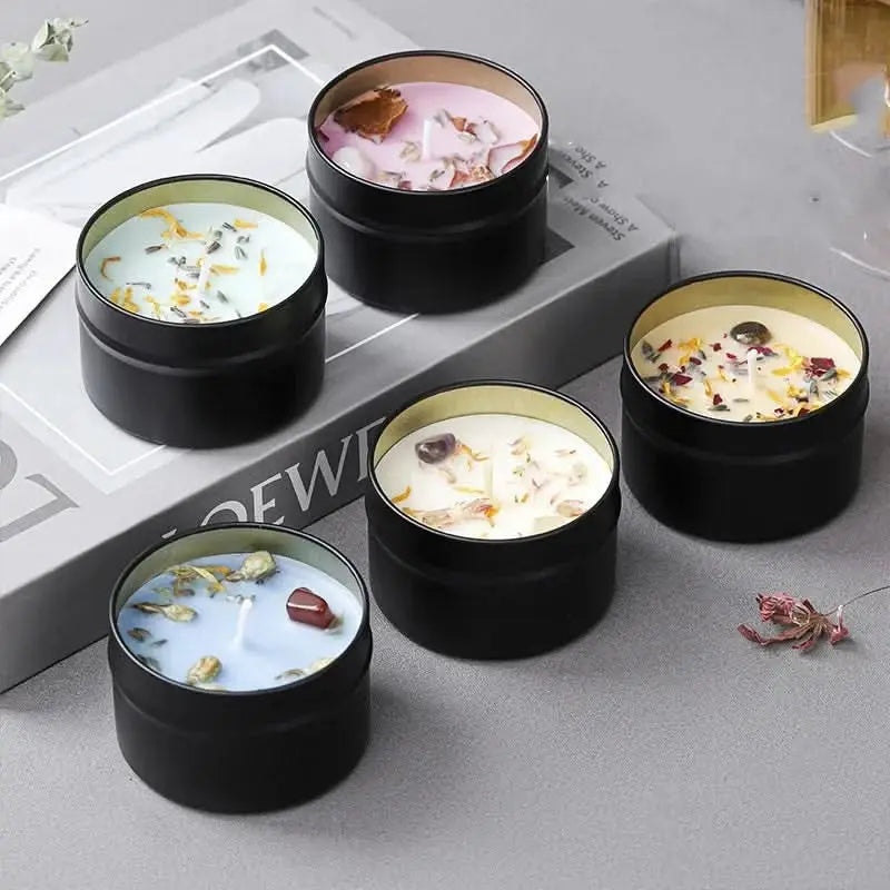 Decorative candle with dried blooms and crystals, hand-poured in a premium iron container.