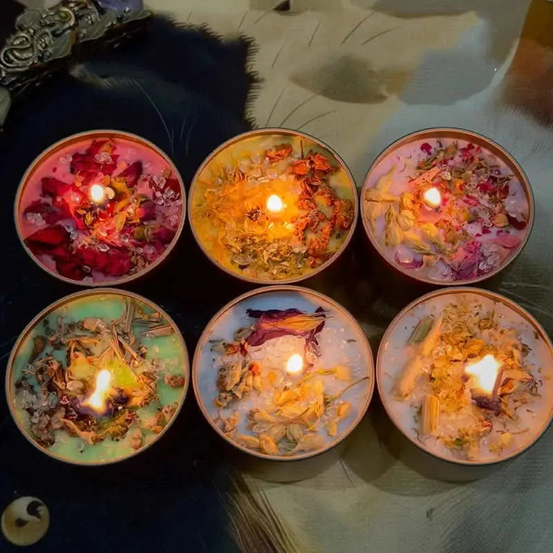 Handcrafted soy candle with a soft floral scent, decorated with crystals in a chic iron tin.