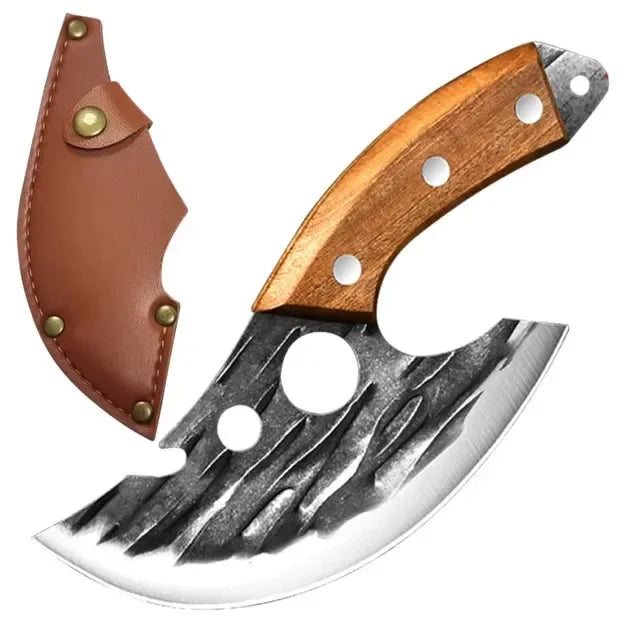 Viking-style meat knife with sharp edge and durable wood handle

