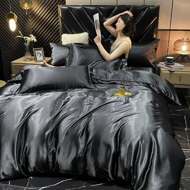 Machine washable silk bedding with satin texture