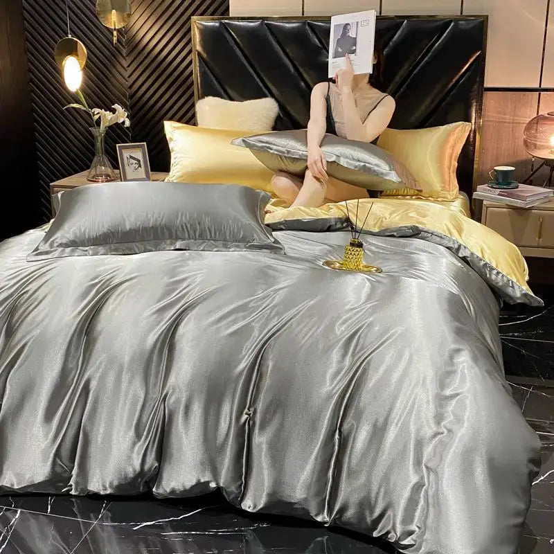 Double bed solid satin sheet and pillow set