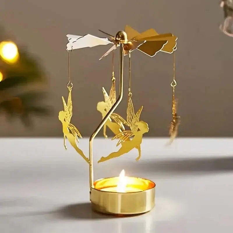 Silver rotating candle holder with spinning ornaments, perfect for Christmas, dinner parties or weddings.