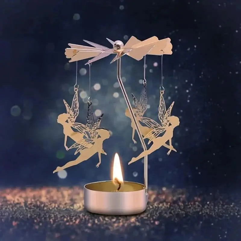 Metal candle holder that spins when lit, creating a magical ambience for seasonal or romantic events.

