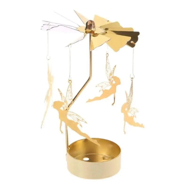Rotating metal candle holder featuring small hanging charms that move with the candle’s heat.
