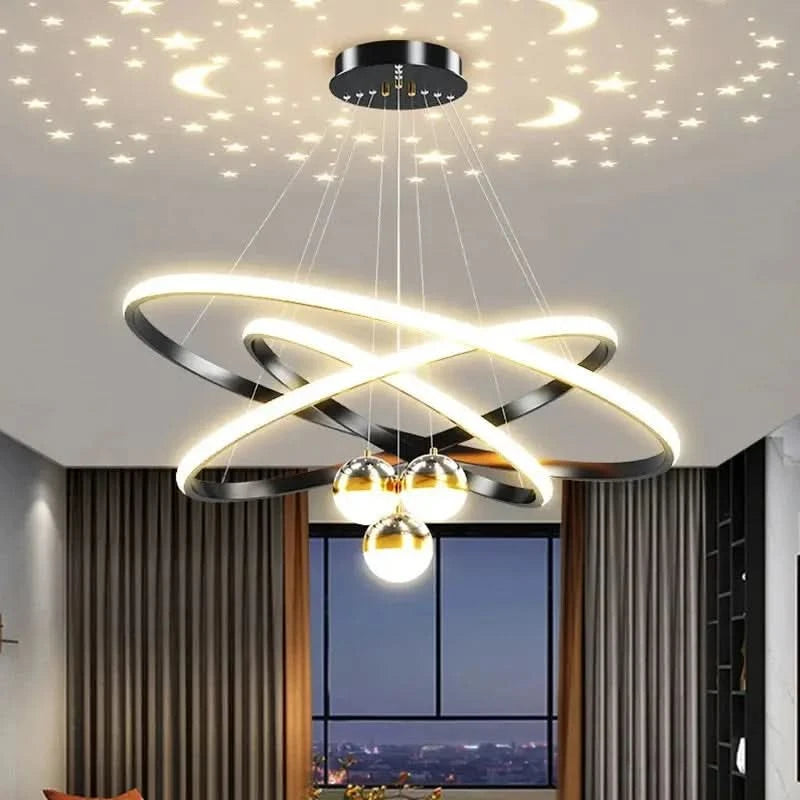 Modern Moon & Stars Ring LED Chandelier – Black & Gold Ceiling Light for Living Room, Bedroom, Dining Room ARTHAYA