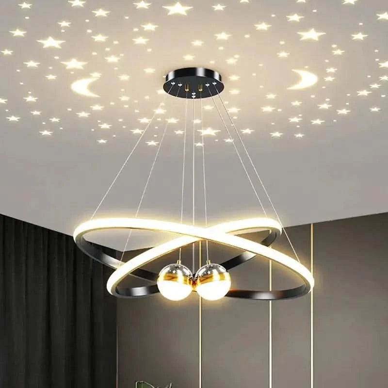 Modern Moon & Stars Ring LED Chandelier – Black & Gold Ceiling Light for Living Room, Bedroom, Dining Room ARTHAYA
