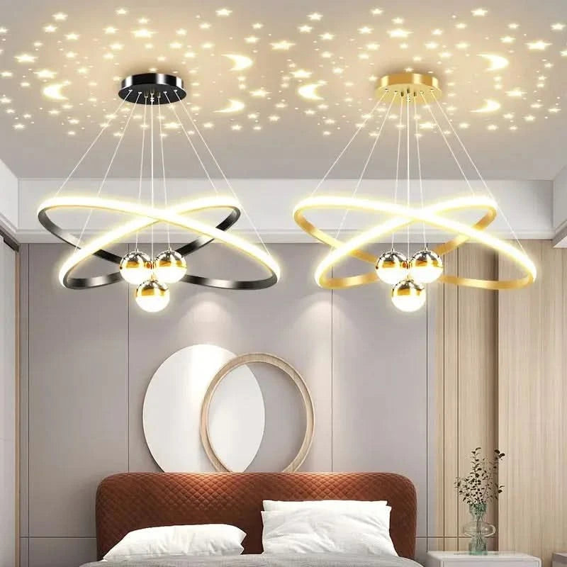Modern Moon & Stars Ring LED Chandelier – Black & Gold Ceiling Light for Living Room, Bedroom, Dining Room ARTHAYA