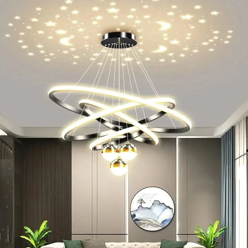 Modern Moon & Stars Ring LED Chandelier – Black & Gold Ceiling Light for Living Room, Bedroom, Dining Room ARTHAYA