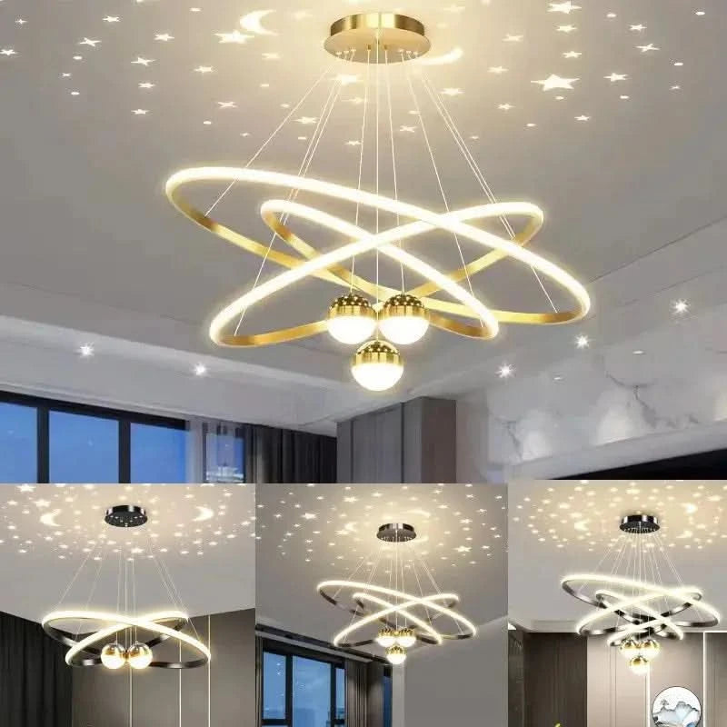 Modern Moon & Stars Ring LED Chandelier – Black & Gold Ceiling Light for Living Room, Bedroom, Dining Room ARTHAYA