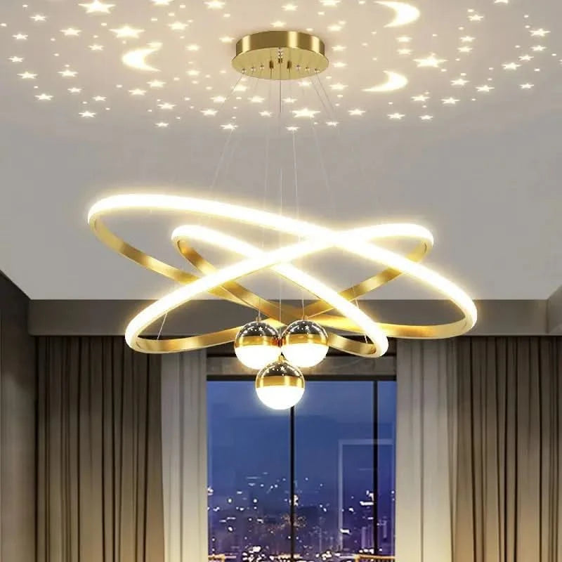 Modern Moon & Stars Ring LED Chandelier – Black & Gold Ceiling Light for Living Room, Bedroom, Dining Room ARTHAYA