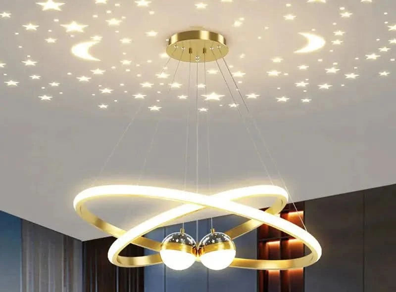 Modern Moon & Stars Ring LED Chandelier – Black & Gold Ceiling Light for Living Room, Bedroom, Dining Room ARTHAYA
