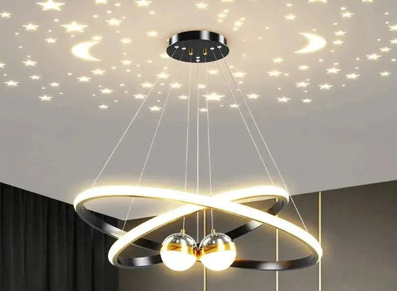 Modern Moon & Stars Ring LED Chandelier – Black & Gold Ceiling Light for Living Room, Bedroom, Dining Room ARTHAYA