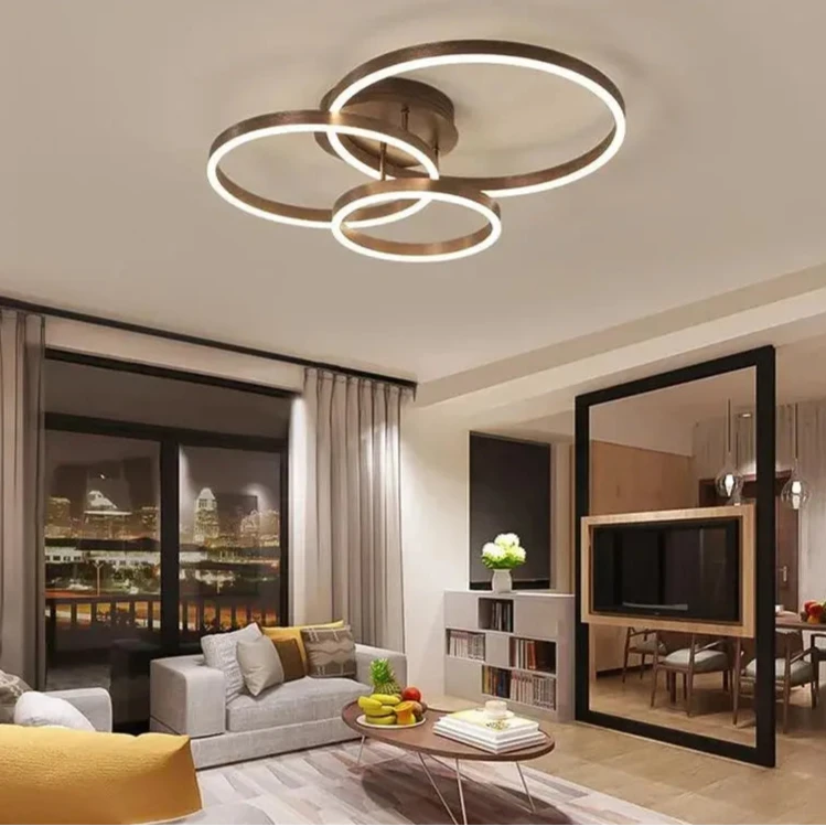 Nordic Creative Round Ring Chandelier – Golden Coffee Lustre Ceiling Light for Bedroom & Living Room ARTHAYA