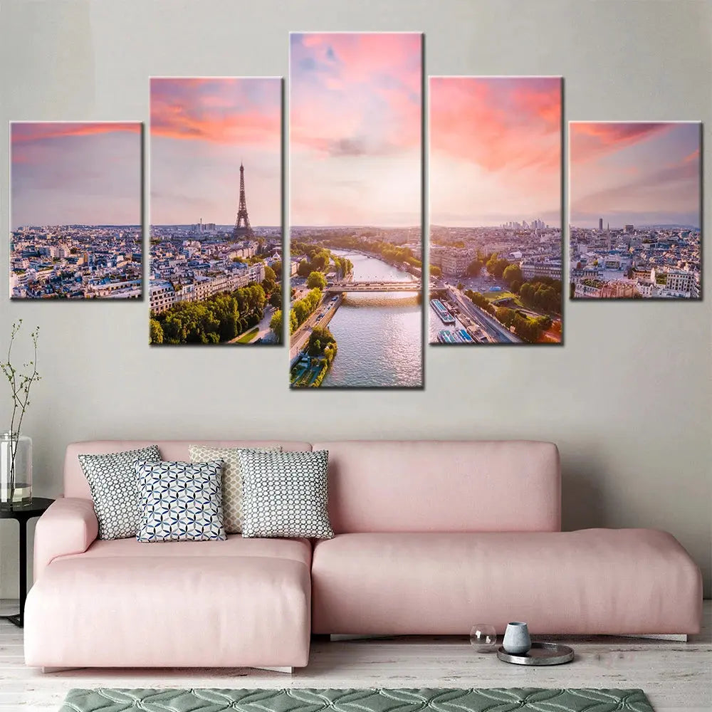 Five-panel canvas wall art of Eiffel Tower and Seine River