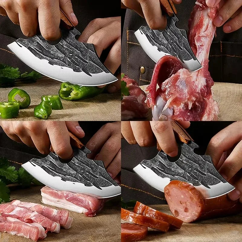 Forged steel chef knife with rustic design for meat preparation

