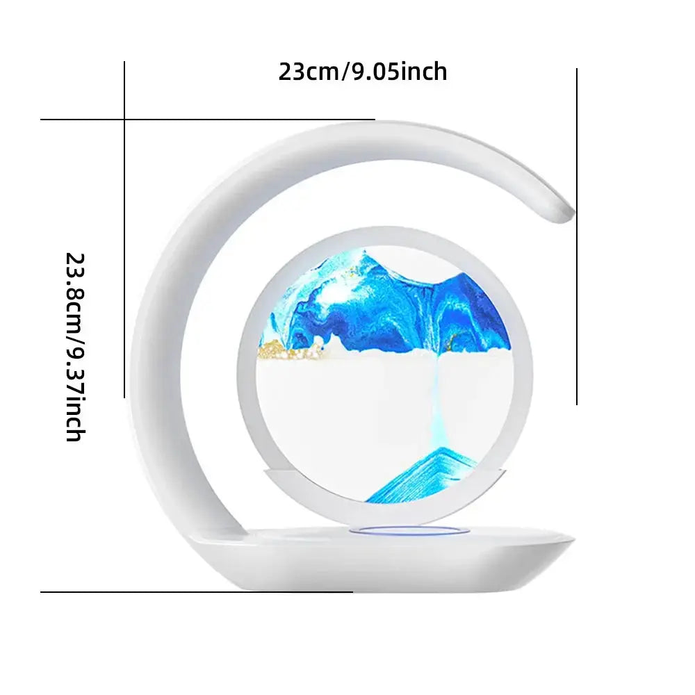 Futuristic LED lamp featuring a crescent-shaped design and a levitating circular sandscape held by a hand.

