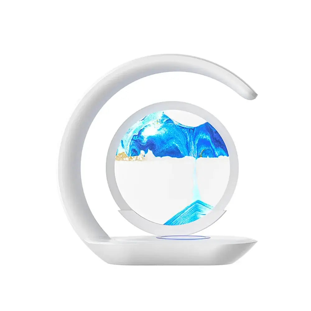 Creative magnetic lamp with a glowing arc design and a floating sand timer held delicately by a hand.

