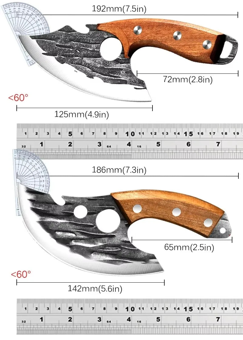 Outdoor cooking knife with forged steel and wood finish


