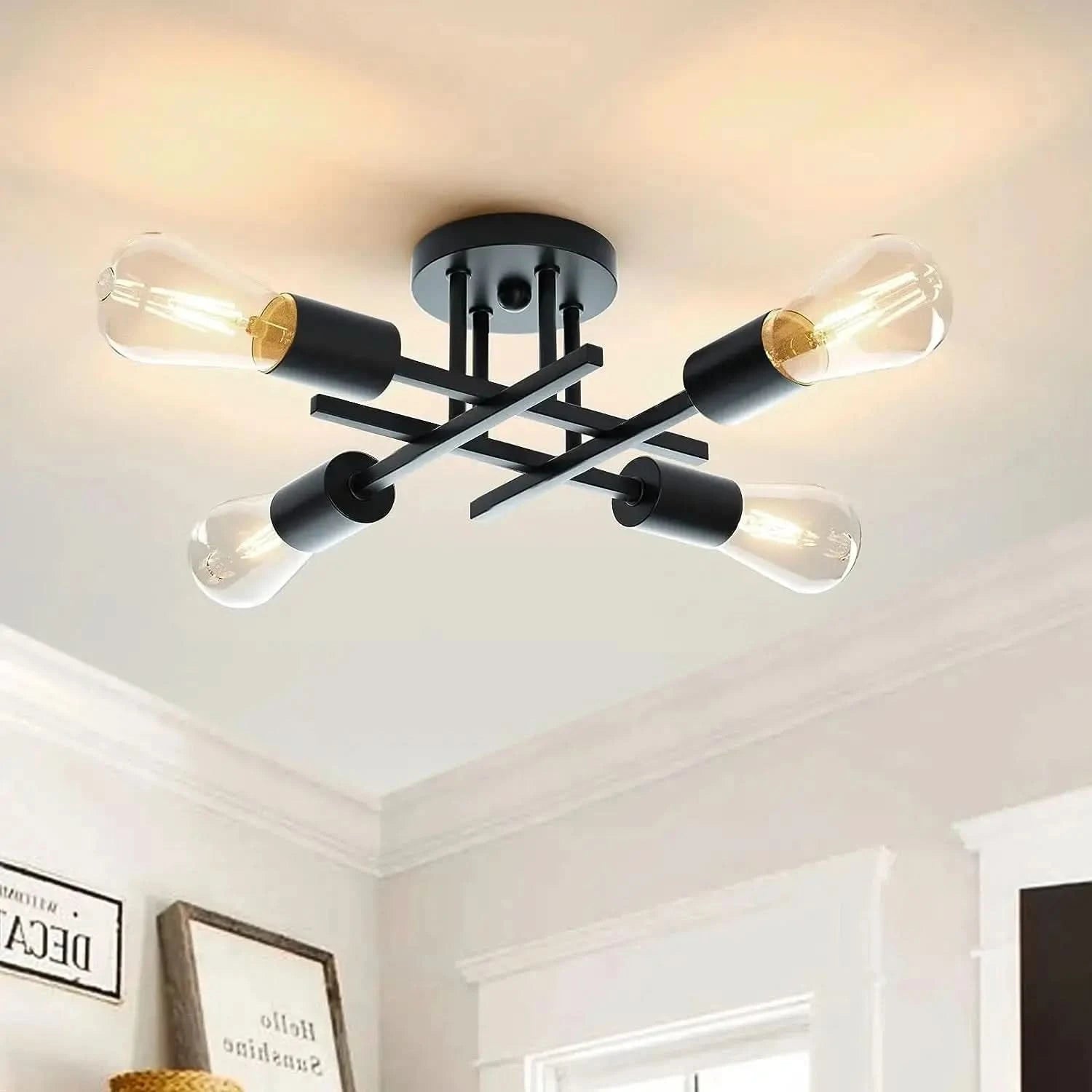 Semi Flush Mount Mid-Century Modern Chandelier – Black Sputnik Close-to-Ceiling Light Fixture ARTHAYA