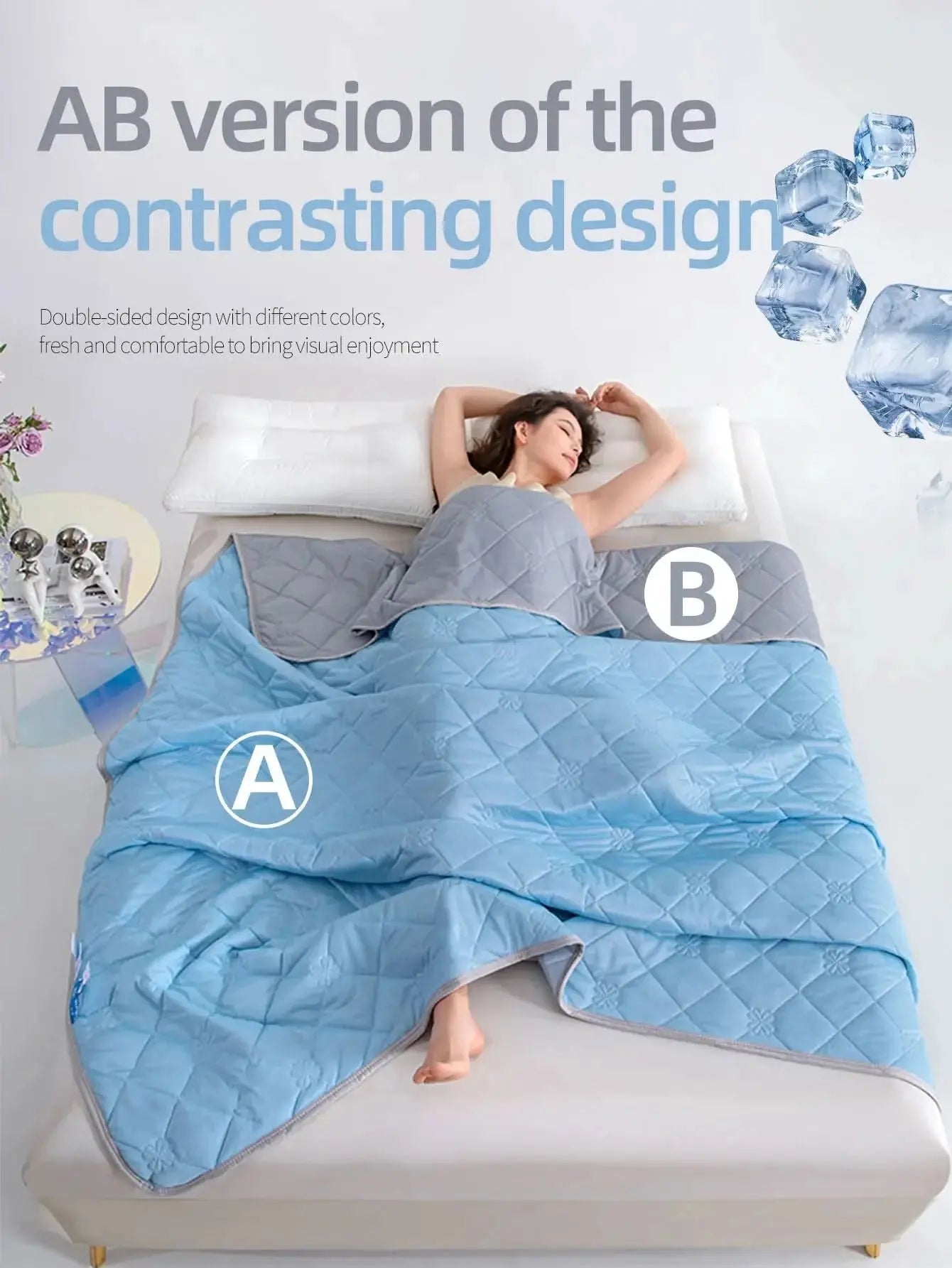 Cooling summer comforter with simple floral detail and strong stitched borders.

