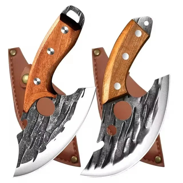 Traditional forged knife with textured blade and stylish handle

