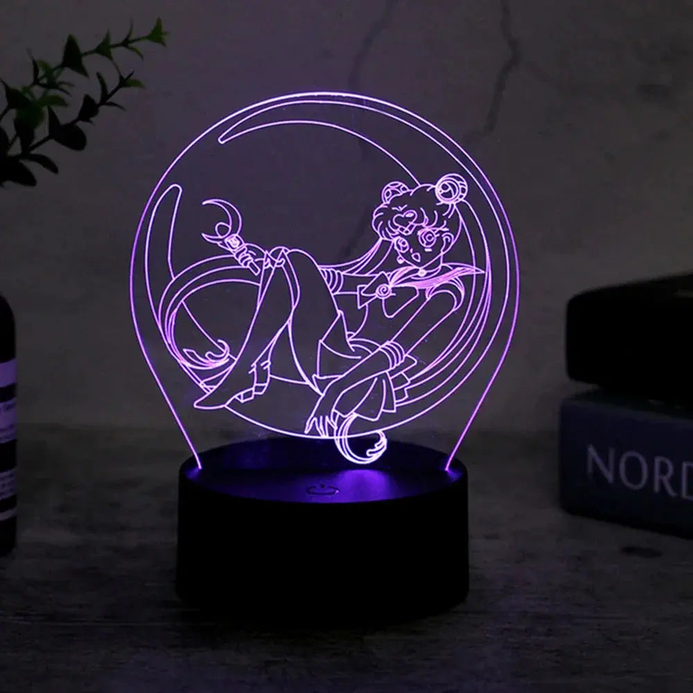  3D LED acrylic night light featuring Sailor Moon character design, glowing purple on a black base – perfect for anime fans