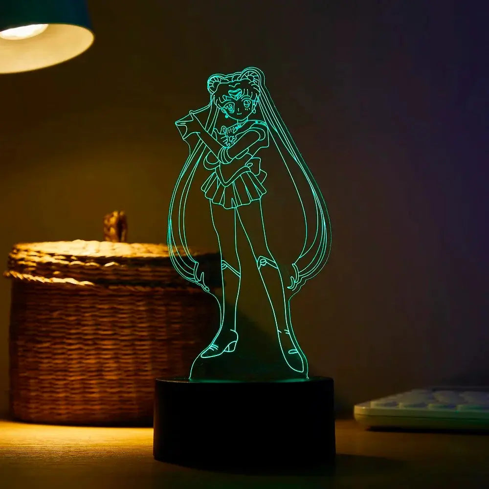 Cute Sailor Moon LED acrylic lamp glowing purple, ideal for bedroom decor or gifts for anime lovers

