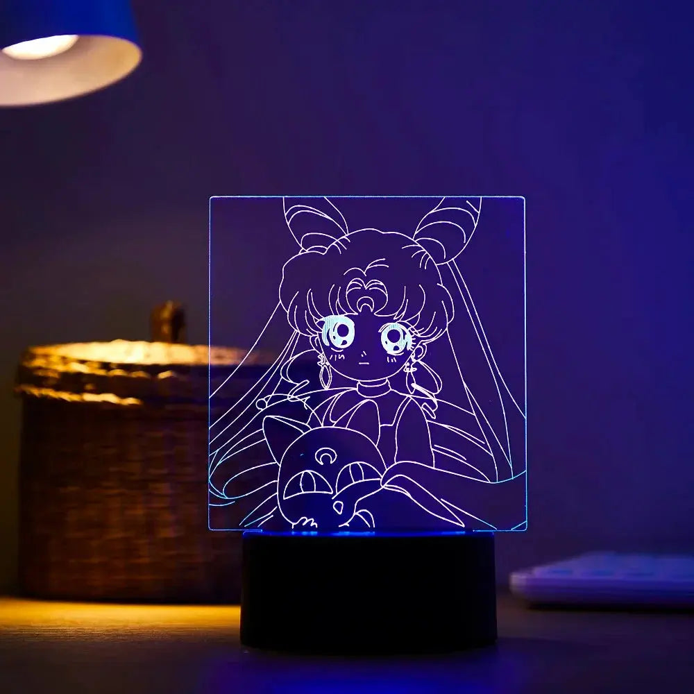 Kawaii-style 3D LED night light with anime girl holding crescent staff, glowing purple on desk