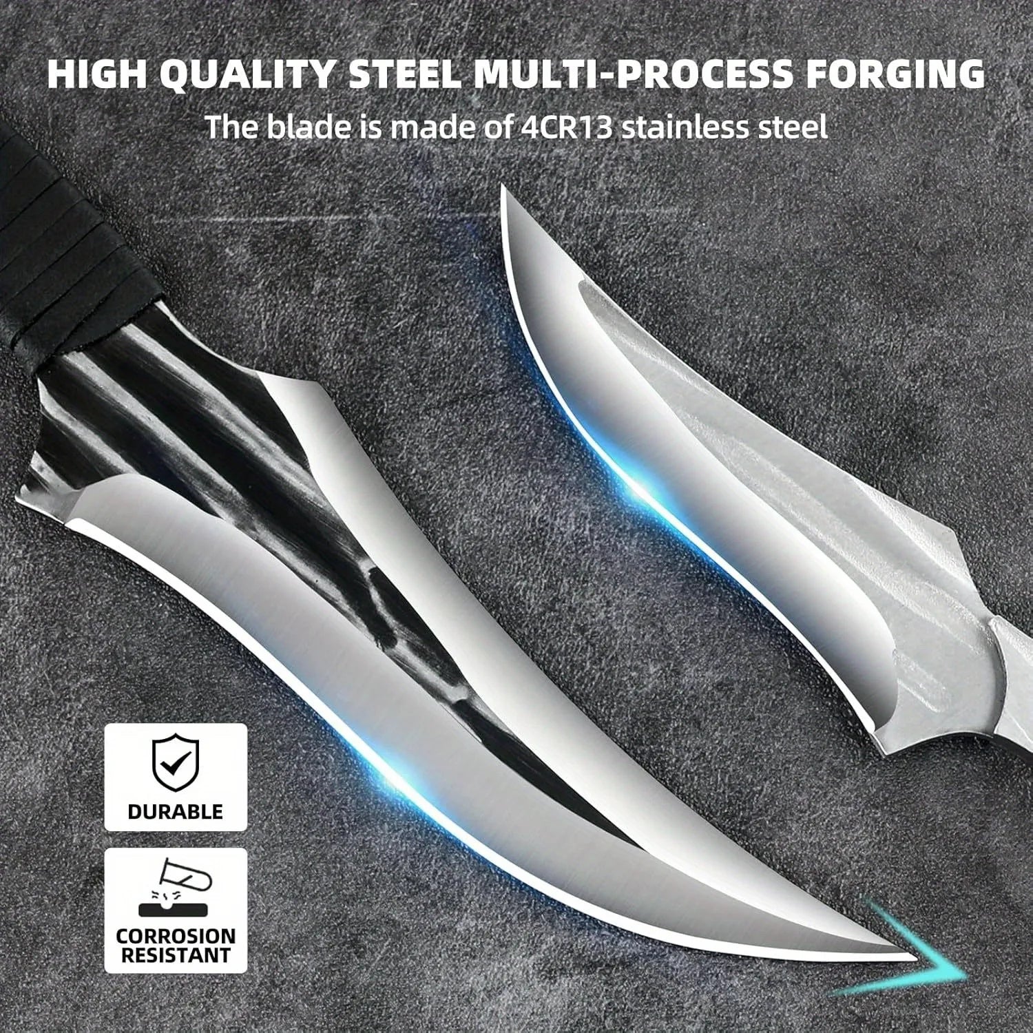 Two stainless steel knives for outdoor cooking and survival

