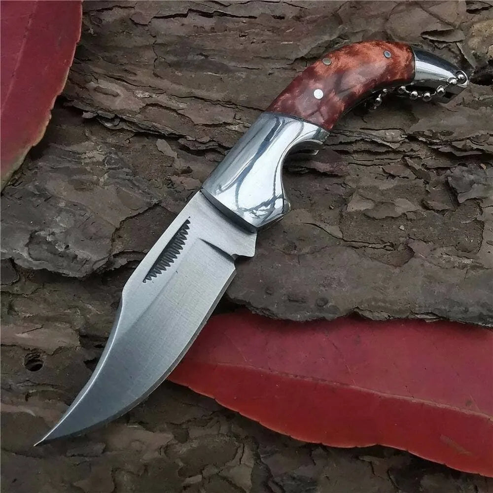 Folding knife with polished wooden handle and stainless steel blade

