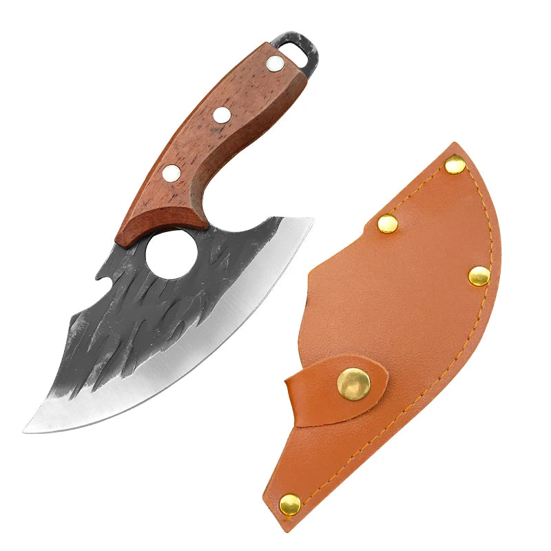 Close-up of blade with hammer-forged texture and logo