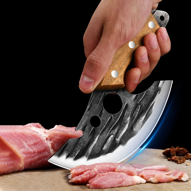 Arthaya forged cleaver slicing meat on cutting board