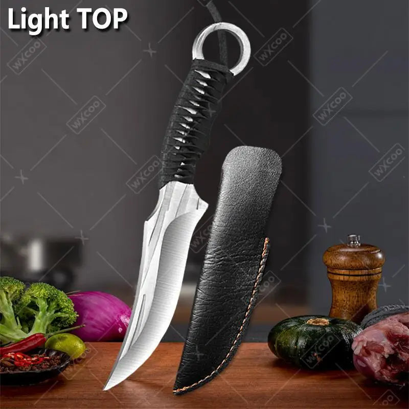 Tactical hunting knife with curved stainless steel blade and black rope handle


