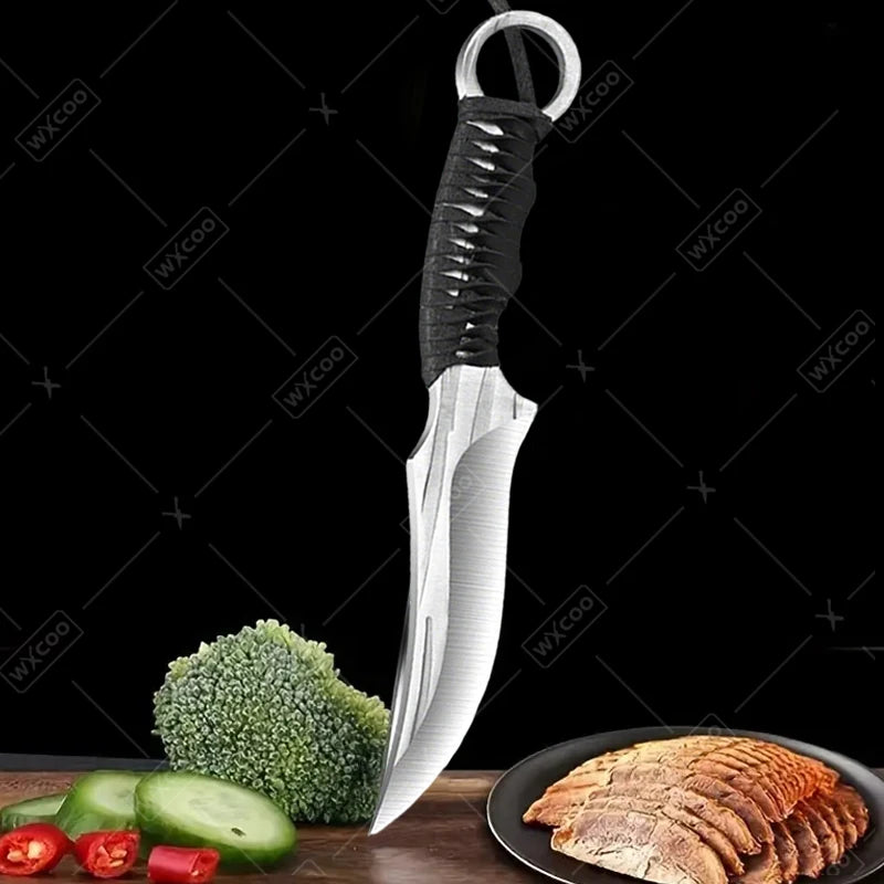 Curved tactical cleaver with rugged black grip and sheath

