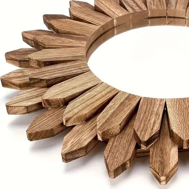 Rustic wood sunflower-shaped mirror