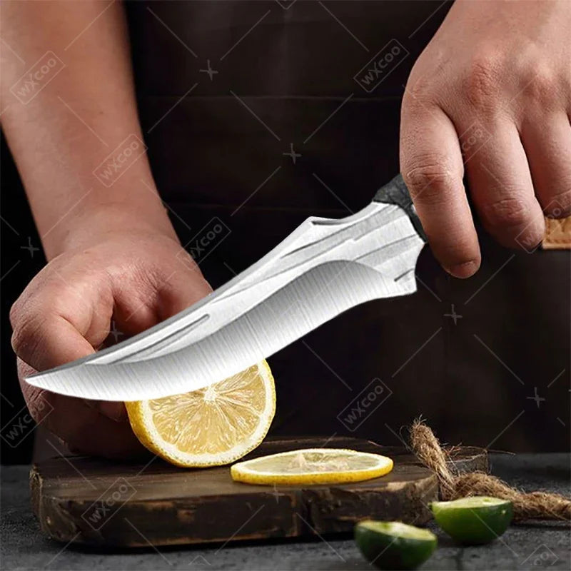 Outdoor survival knife featuring forged blade and stitched leather sheath

